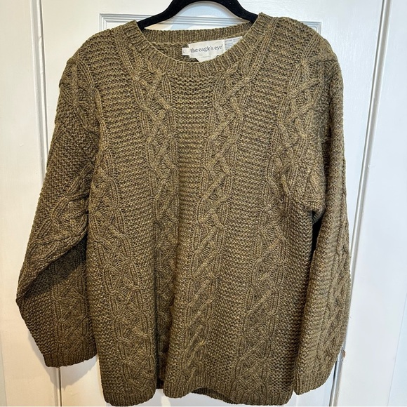 VINTAGE HAND KNIT EAGLES EYE 100% SHETLAND WOOL CABLEKNIT OLIVE GREEN SWEATER L - Picture 3 of 5